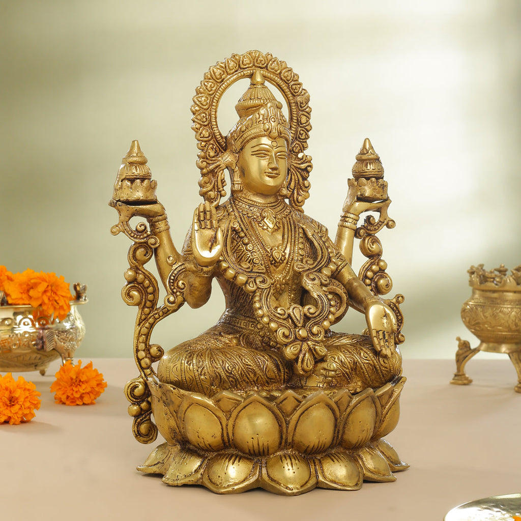 Brass Goddess Lotus Sitting Lakshmi Idol (12 Inch) Vedansh Craft