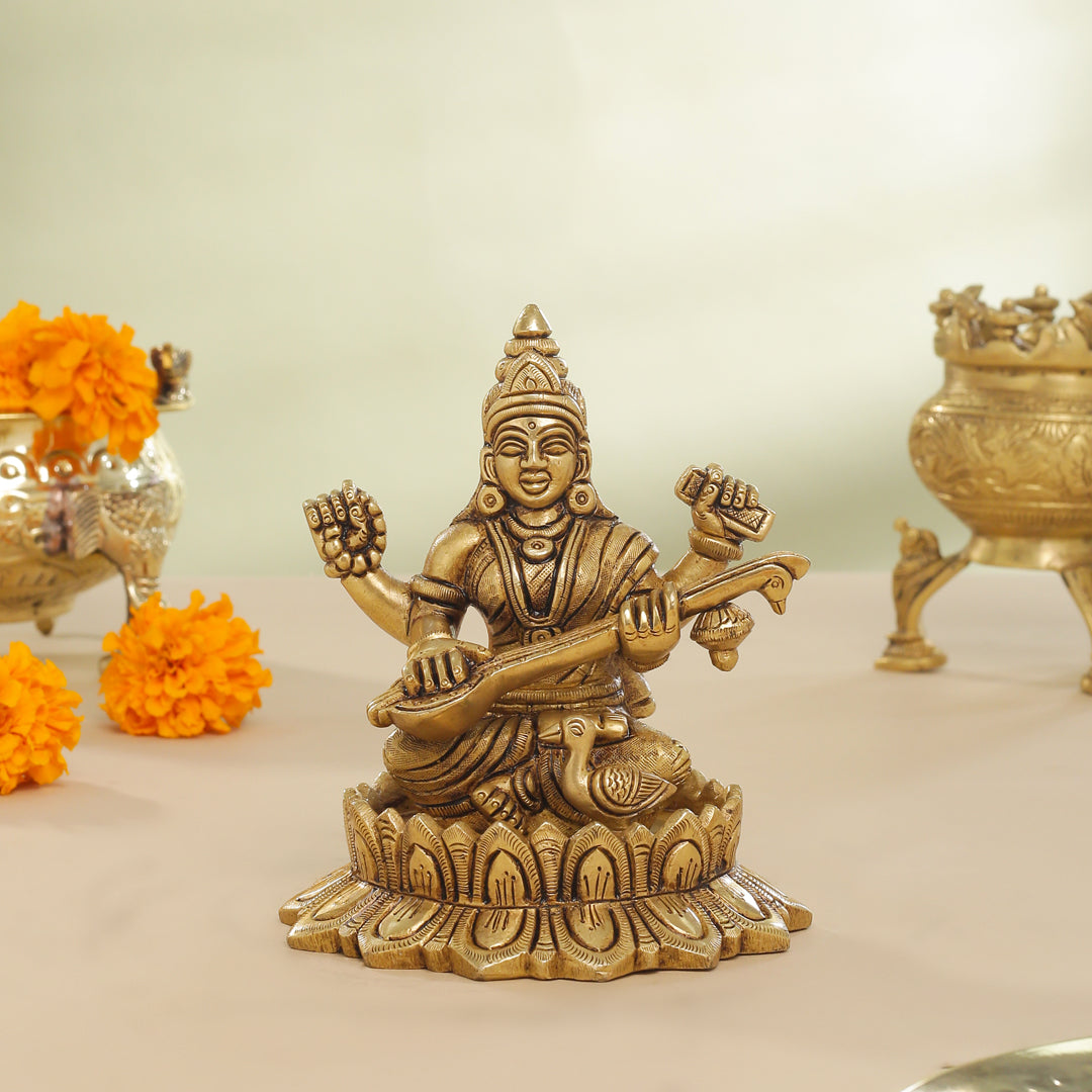 Brass Superfine Lotus Goddess Sitting Saraswati Idol (5.5 Inch) Vedansh Craft