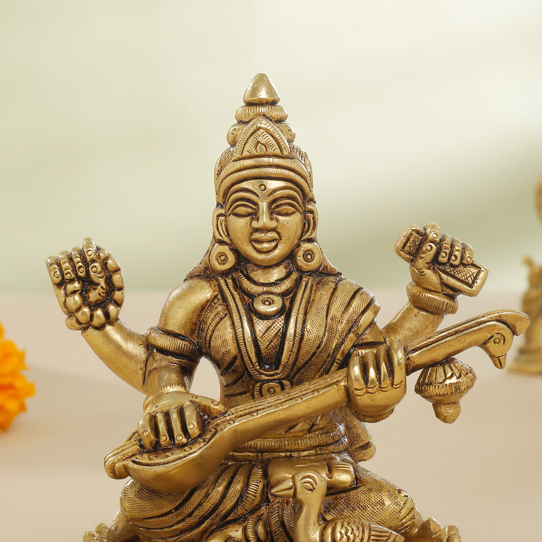 Brass Superfine Lotus Goddess Sitting Saraswati Idol (5.5 Inch) Vedansh Craft