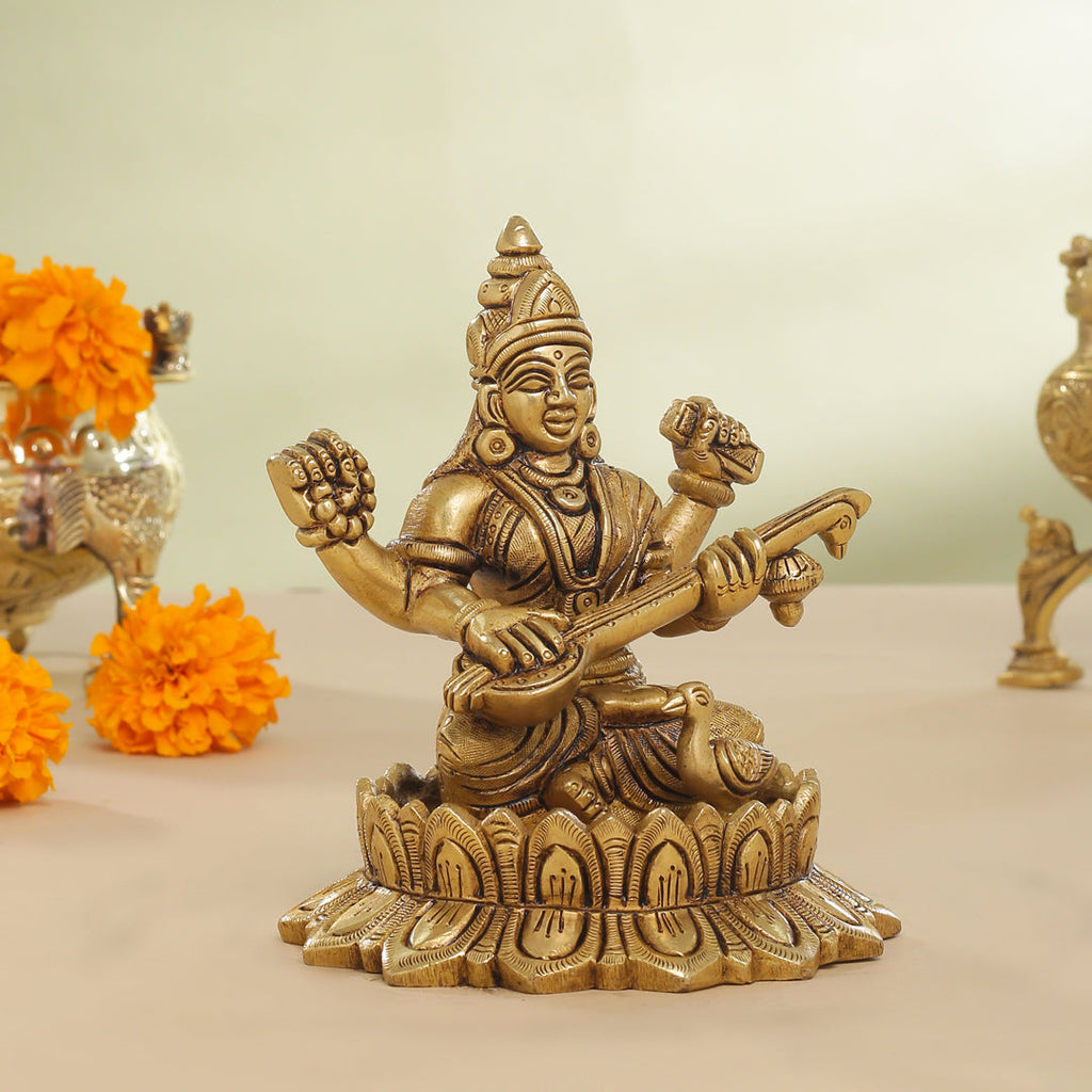 Brass Superfine Lotus Goddess Sitting Saraswati Idol (5.5 Inch) Vedansh Craft