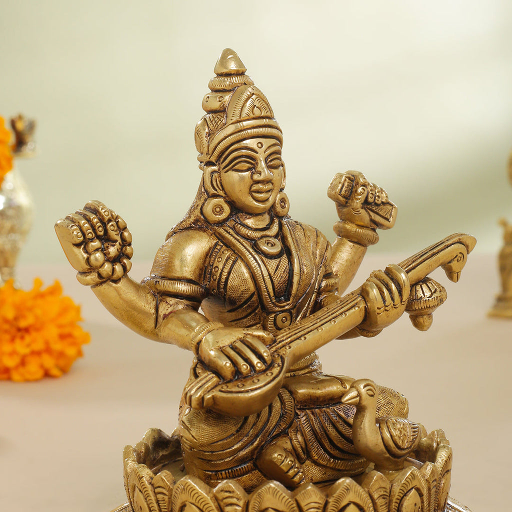 Brass Superfine Lotus Goddess Sitting Saraswati Idol (5.5 Inch) Vedansh Craft