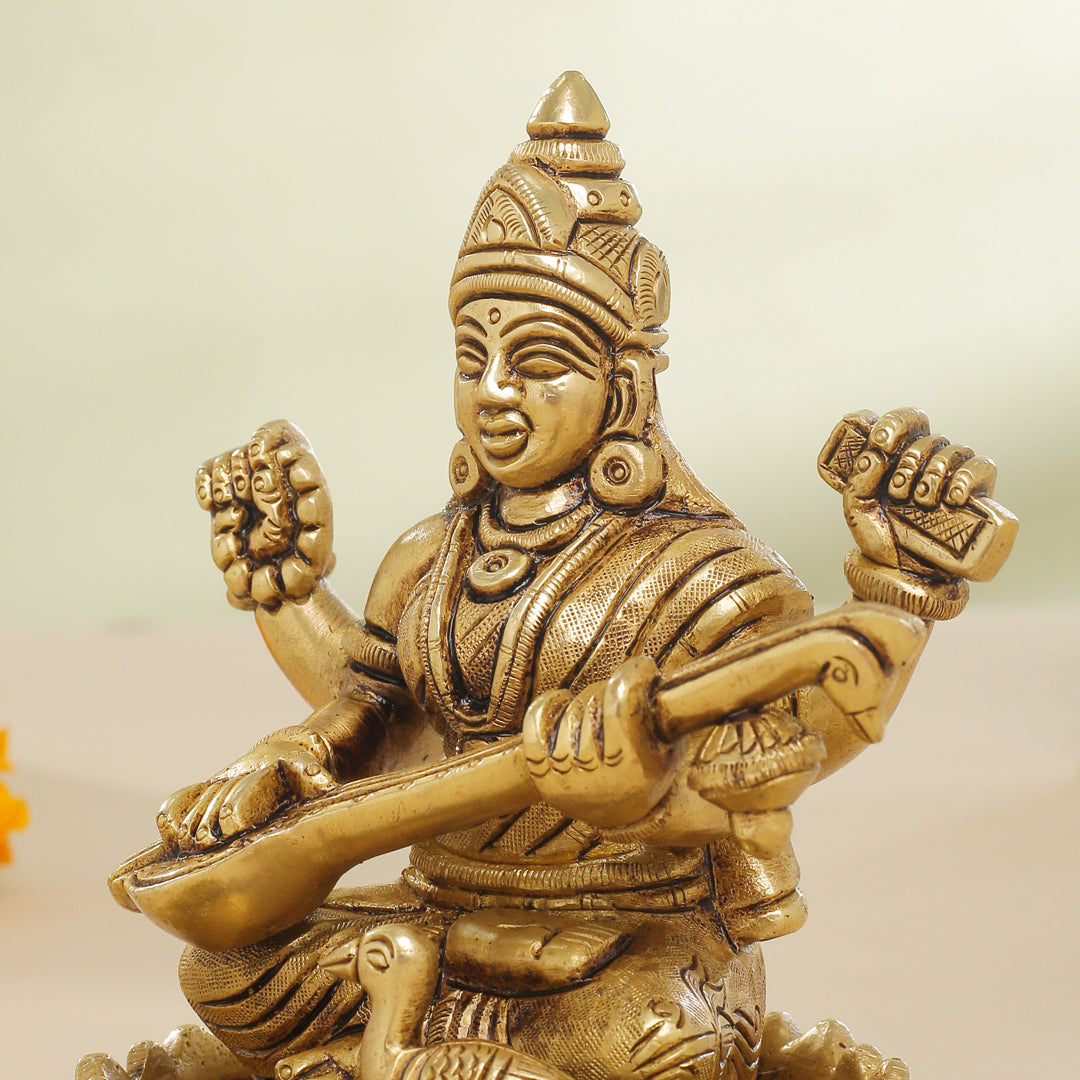 Brass Superfine Lotus Goddess Sitting Saraswati Idol (5.5 Inch) Vedansh Craft