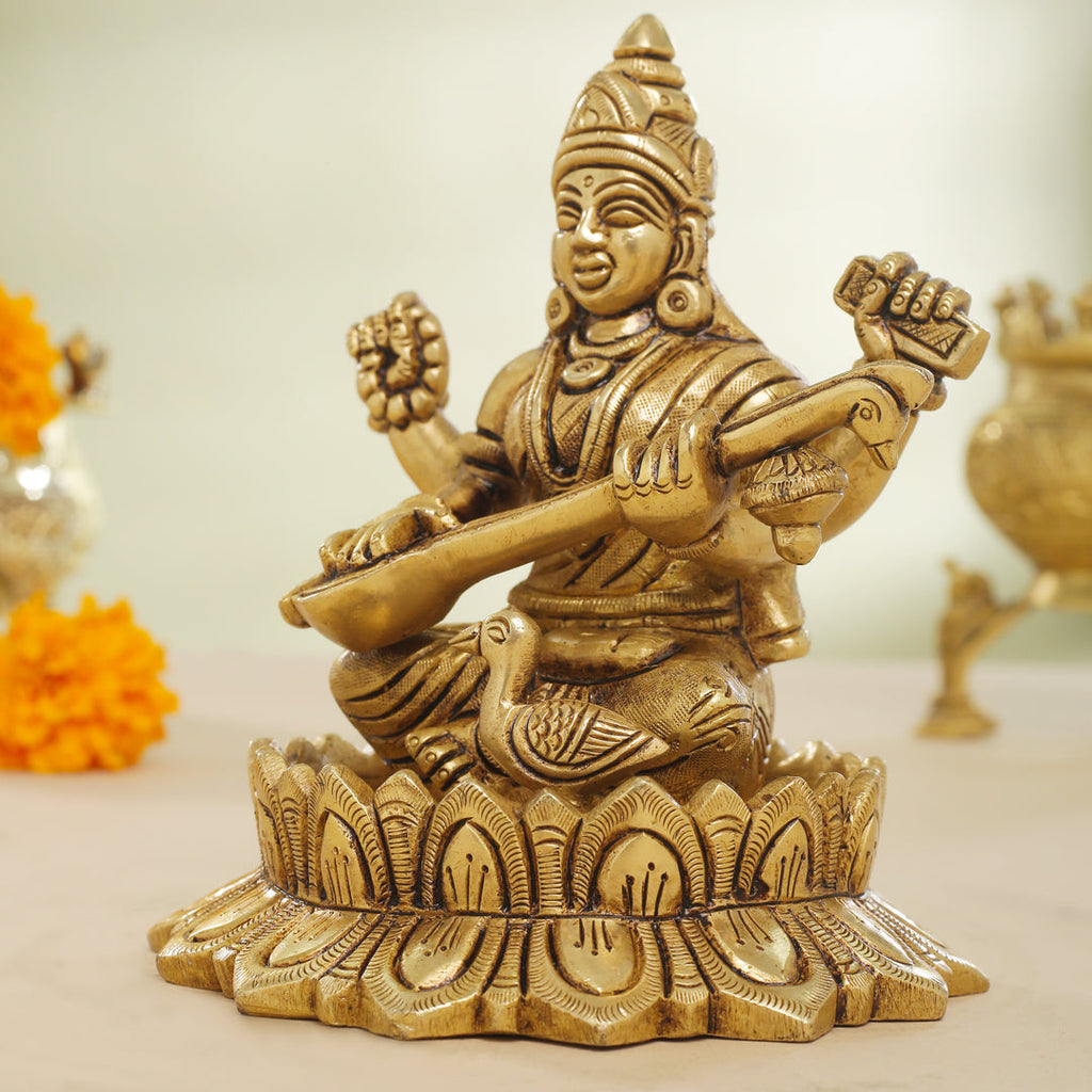 Brass Superfine Lotus Goddess Sitting Saraswati Idol (5.5 Inch) Vedansh Craft