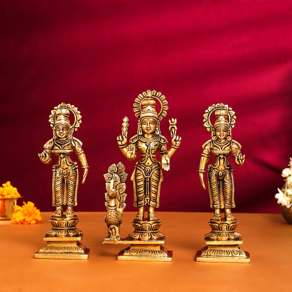 Brass Superfine Standing Lord Murugan With Devasena And Valli Idols Vedansh Craft