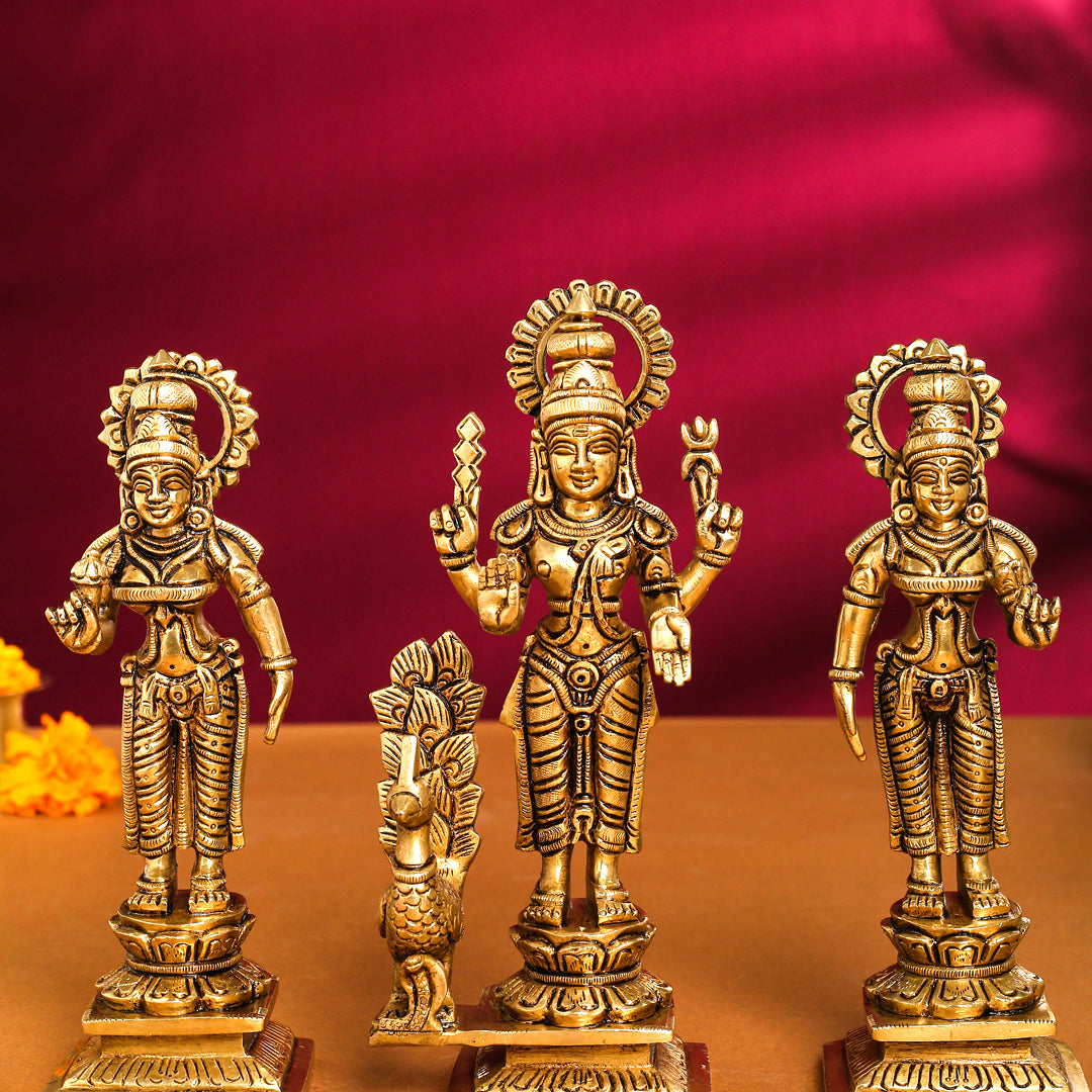 Brass Superfine Standing Lord Murugan With Devasena And Valli Idols Vedansh Craft
