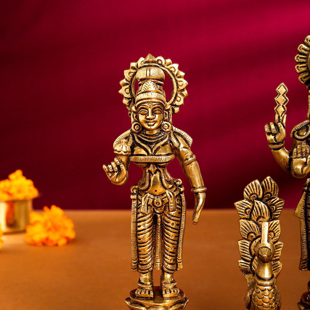 Brass Superfine Standing Lord Murugan With Devasena And Valli Idols Vedansh Craft