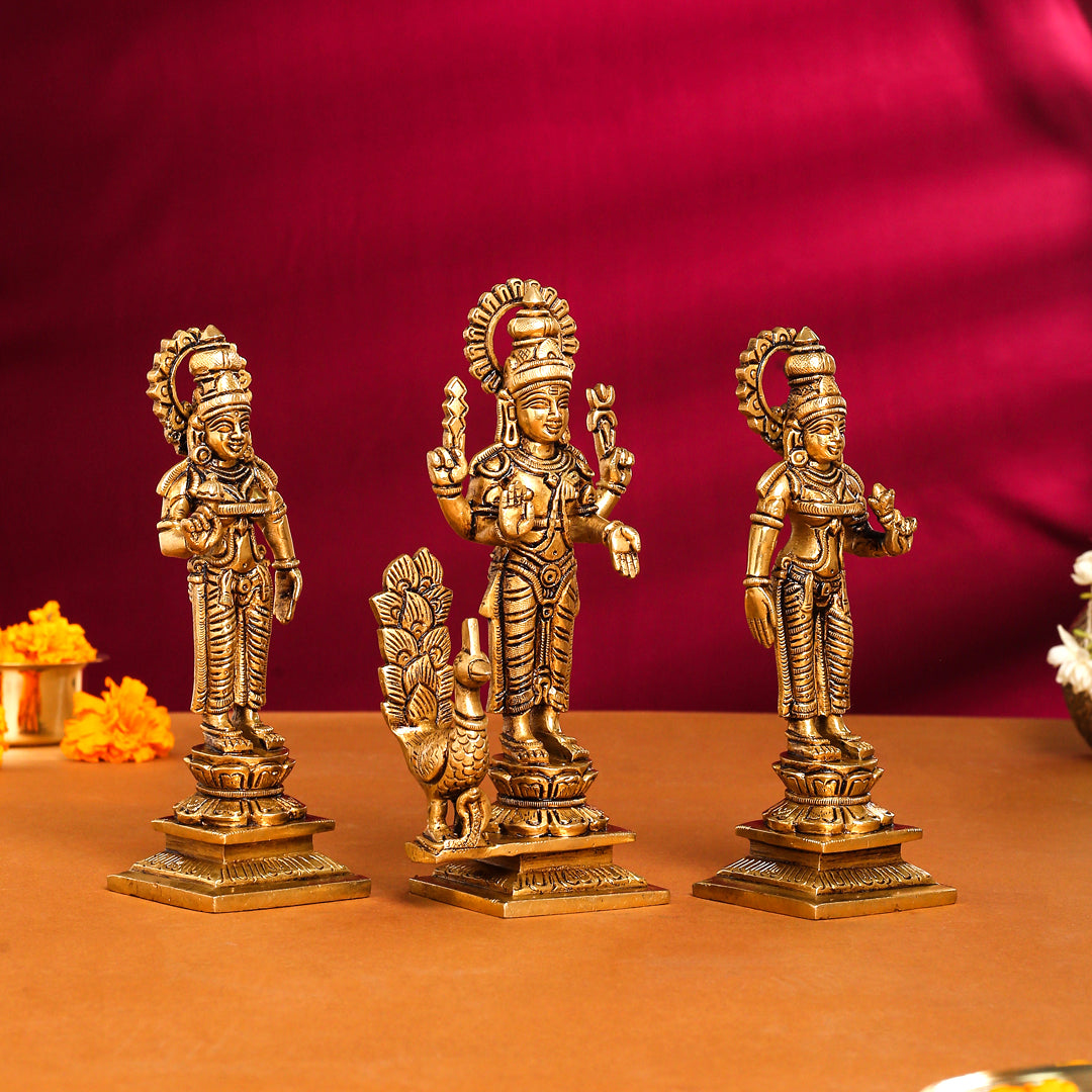 Brass Superfine Standing Lord Murugan With Devasena And Valli Idols Vedansh Craft