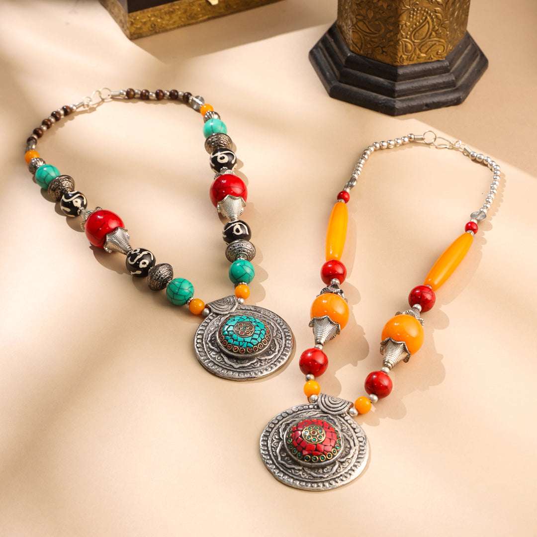 Resin Boho Orange Bead Necklaces with Tribal Silver Pendants Vedansh Craft