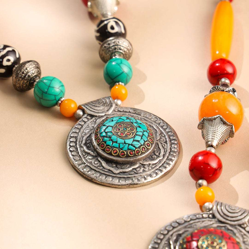 Resin Boho Orange Bead Necklaces with Tribal Silver Pendants Vedansh Craft