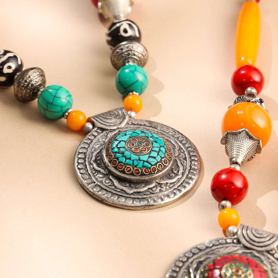 Resin Boho Orange Bead Necklaces with Tribal Silver Pendants Vedansh Craft