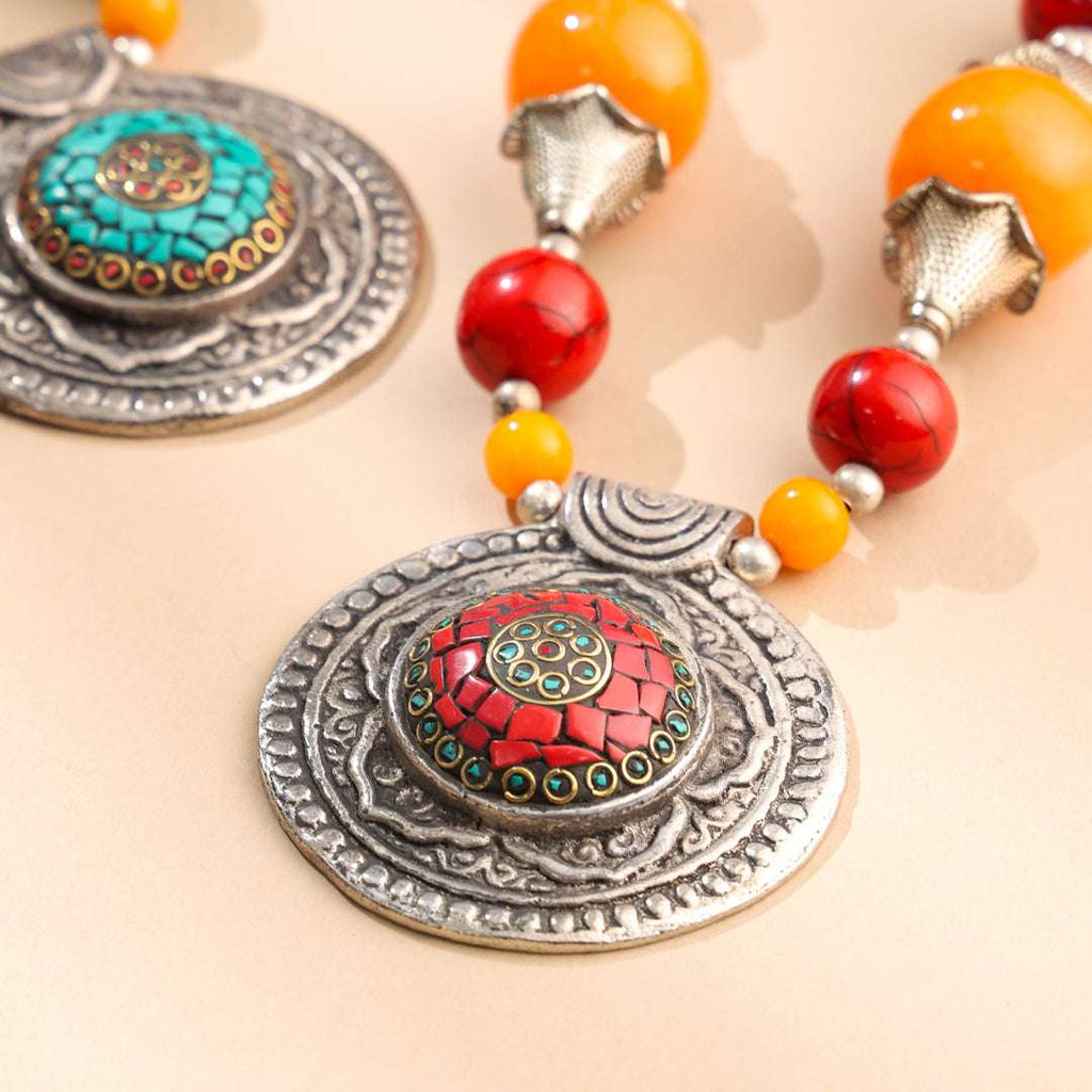 Resin Boho Orange Bead Necklaces with Tribal Silver Pendants Vedansh Craft