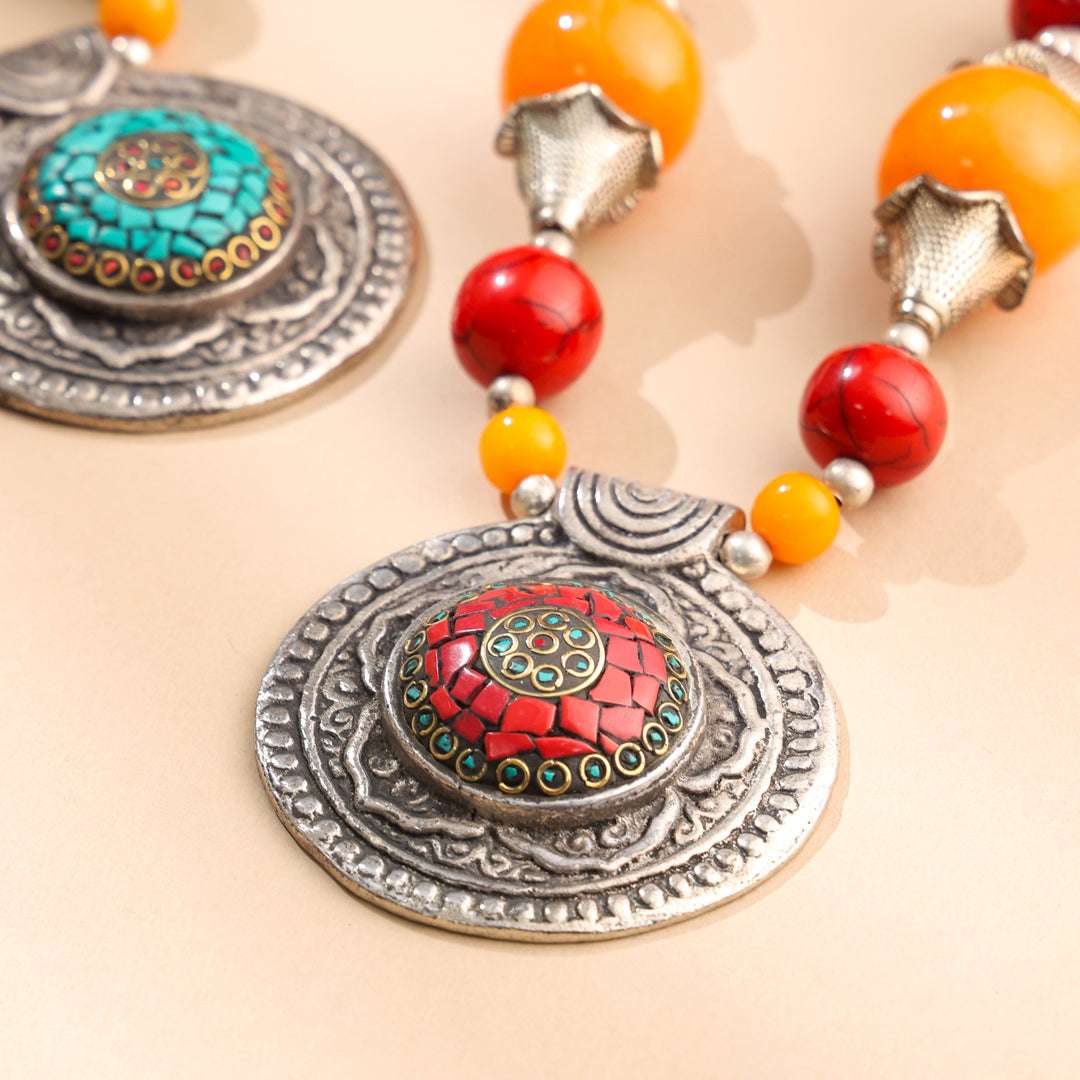 Resin Boho Orange Bead Necklaces with Tribal Silver Pendants Vedansh Craft