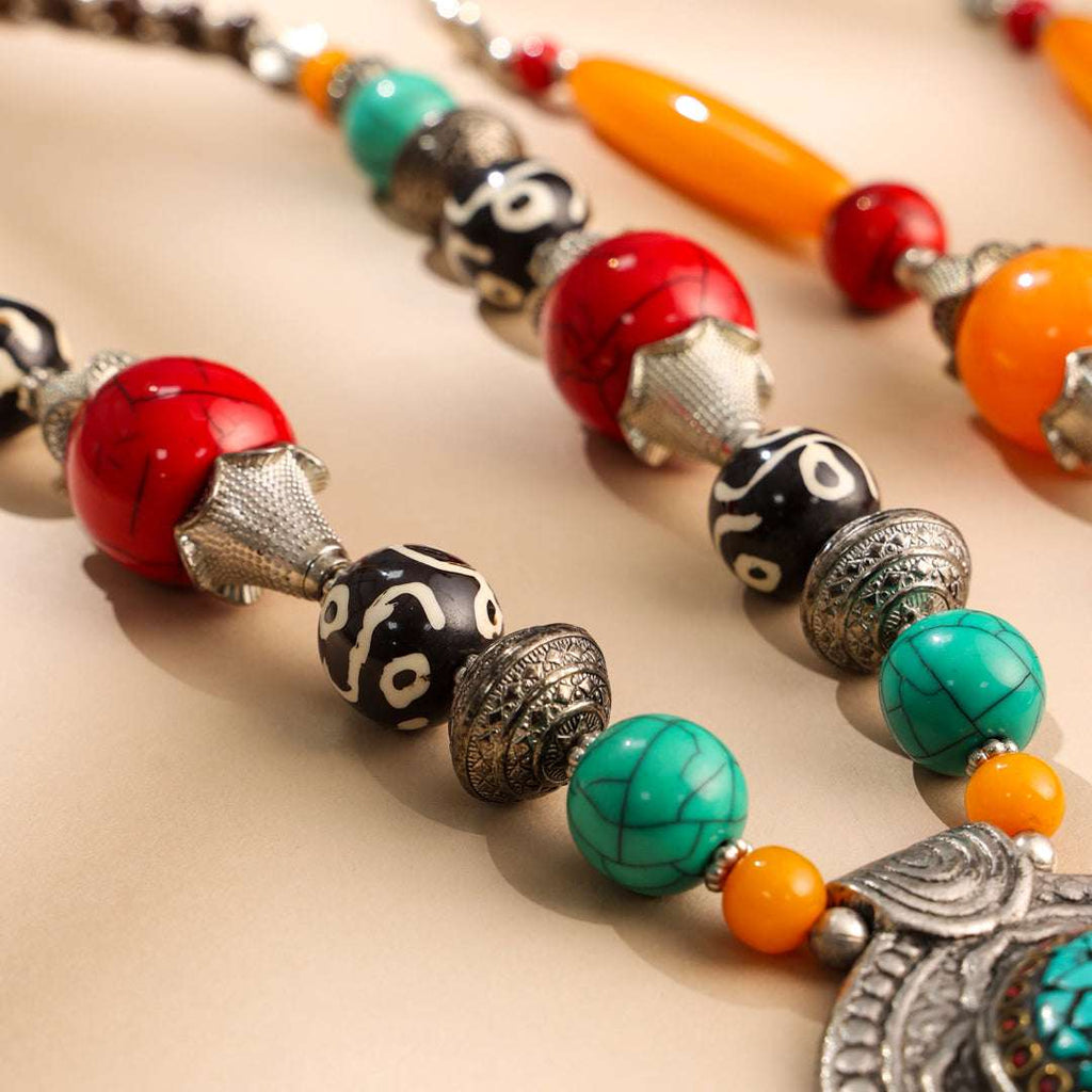 Resin Boho Orange Bead Necklaces with Tribal Silver Pendants Vedansh Craft