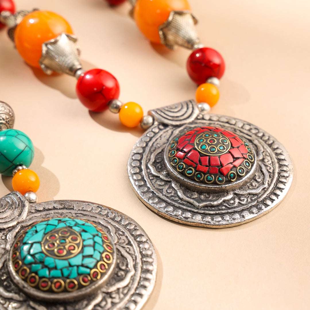 Resin Boho Orange Bead Necklaces with Tribal Silver Pendants Vedansh Craft