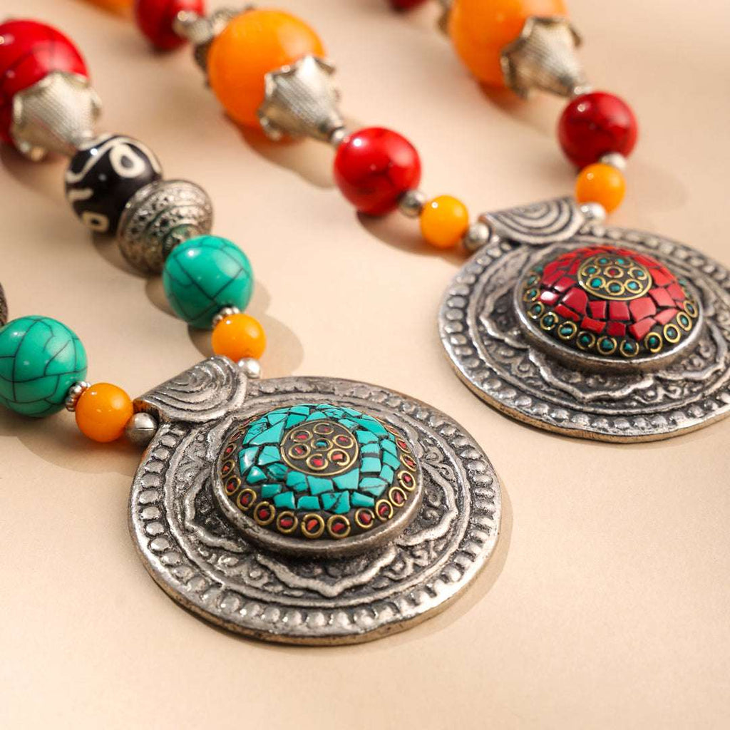 Resin Boho Orange Bead Necklaces with Tribal Silver Pendants Vedansh Craft
