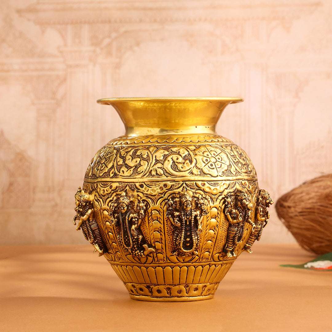 Brass Ashtalakshmi And Dashavatara Kodam / Kalash Vedansh Craft