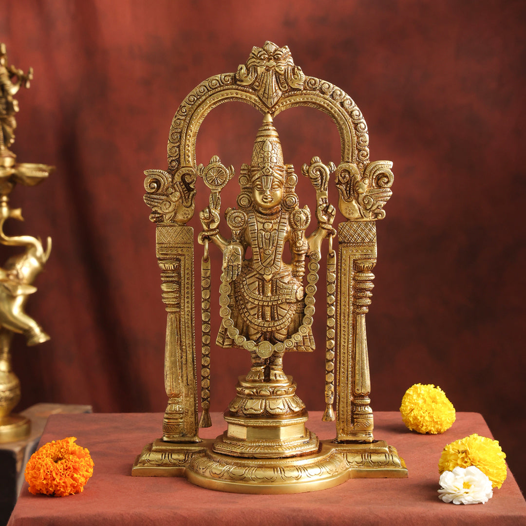 Brass Lord Venkateswara Idol with Arch | Traditional Tirupati Balaji Murti for Home Temple & Décor (13.2 Inch) Vedansh Craft