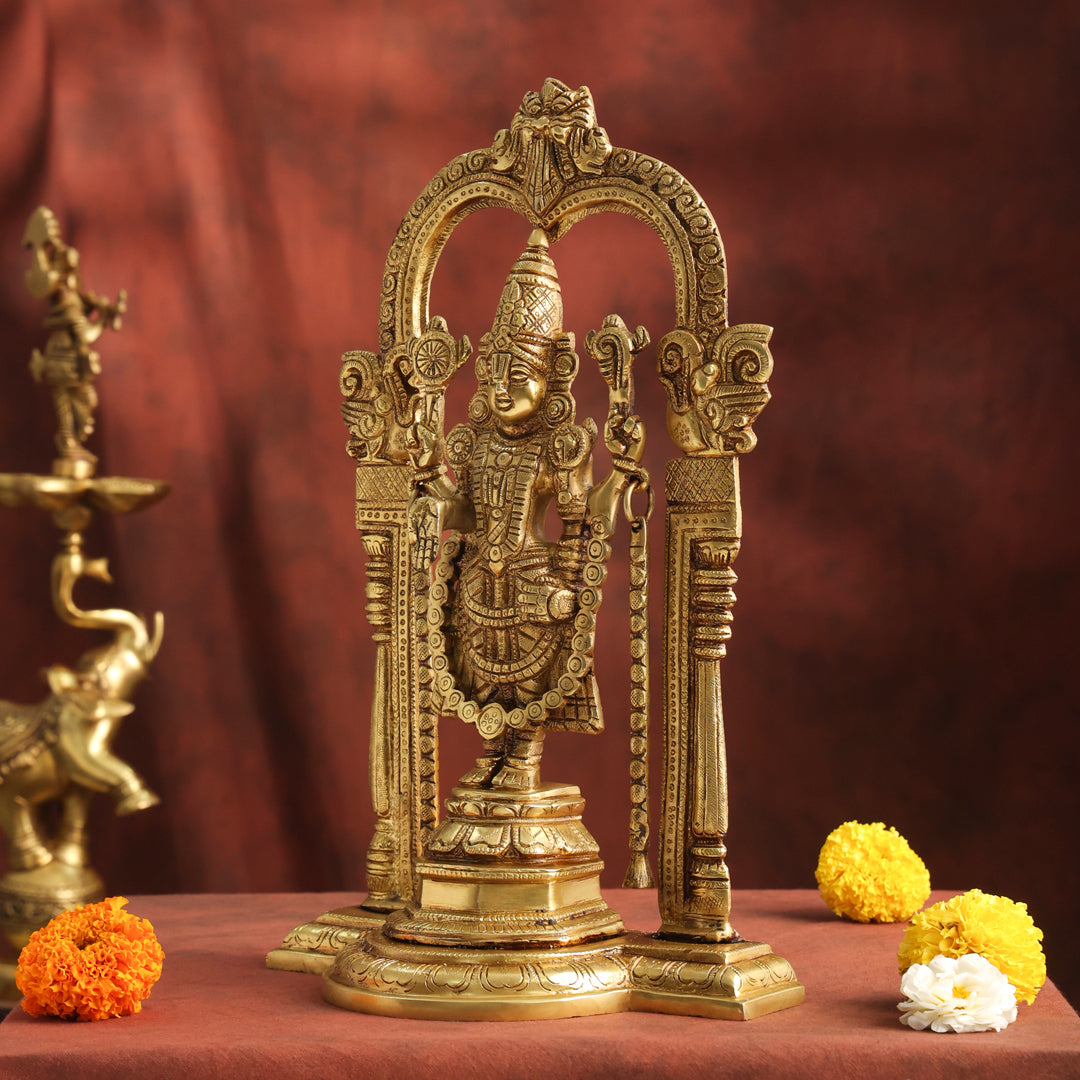 Brass Lord Venkateswara Idol with Arch | Traditional Tirupati Balaji Murti for Home Temple & Décor (13.2 Inch) Vedansh Craft