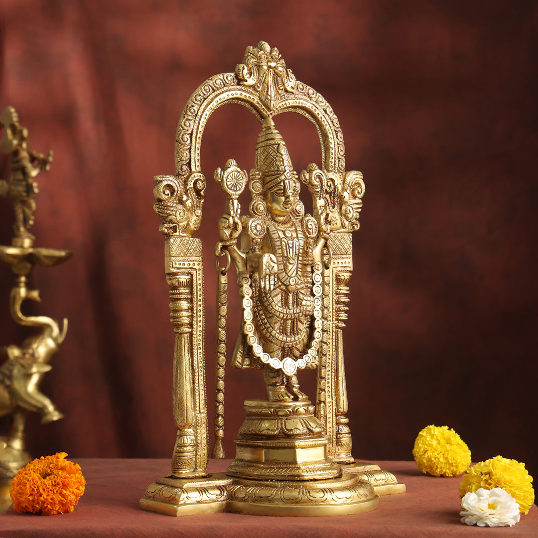 Brass Lord Venkateswara Idol with Arch | Traditional Tirupati Balaji Murti for Home Temple & Décor (13.2 Inch) Vedansh Craft