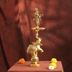 Brass Handcrafted Krishna Diya Lamp with Elephant Base (17.5 Inch) Vedansh Craft