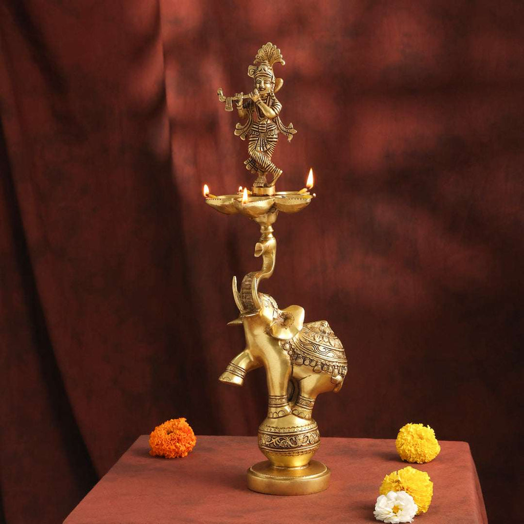Brass Handcrafted Krishna Diya Lamp with Elephant Base (17.5 Inch) Vedansh Craft