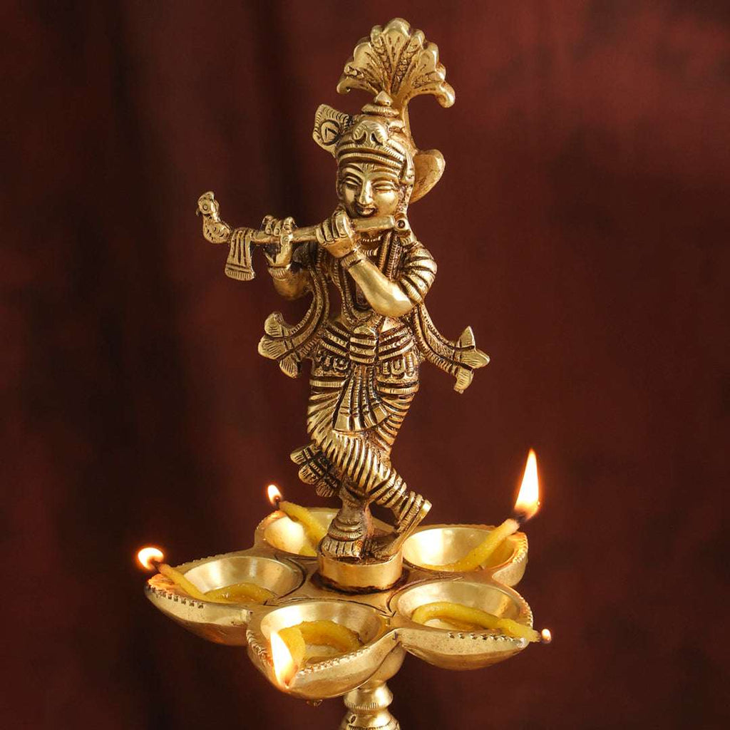 Brass Handcrafted Krishna Diya Lamp with Elephant Base (17.5 Inch) Vedansh Craft