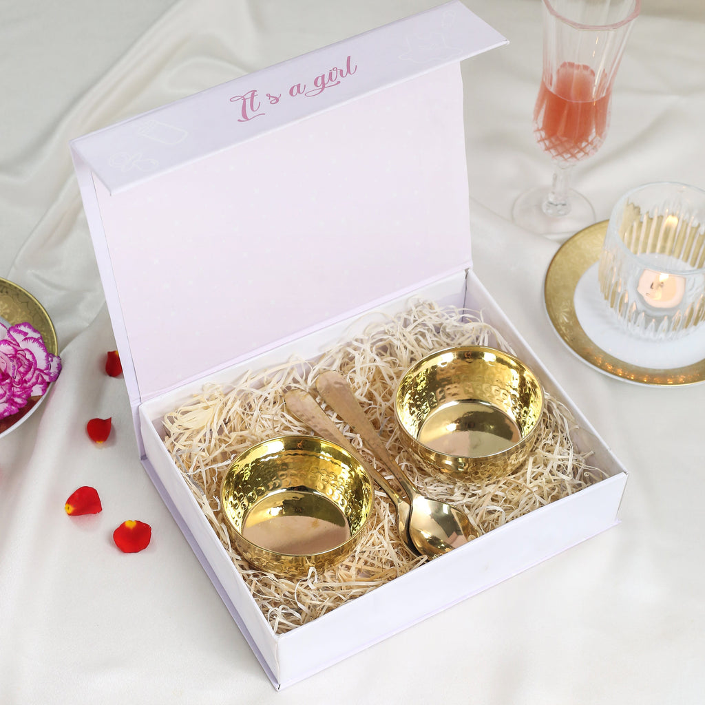 Brass Bowl Pair & Spoon Pair Baby Girl Gift Box Hamper Vedansh Craft