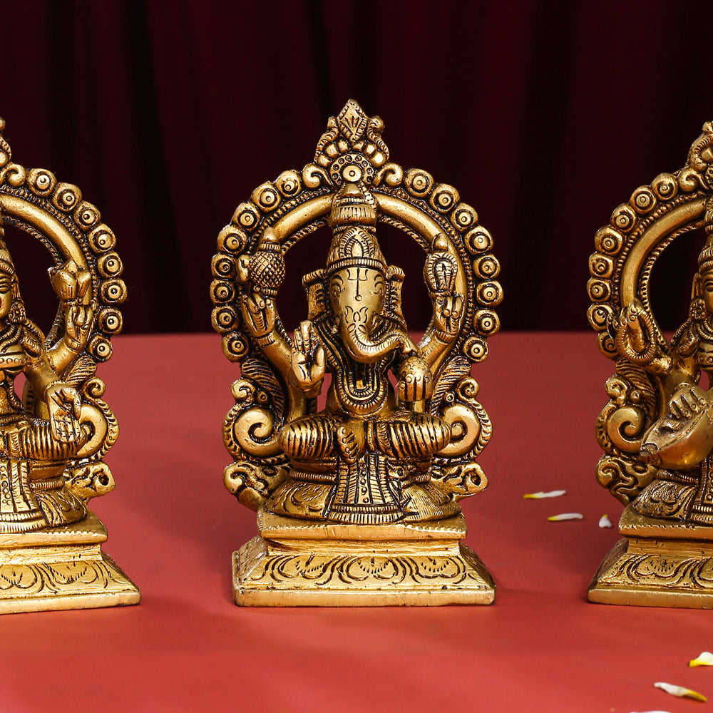 Brass Superfine Sitting Lakshmi, Ganesha, And Saraswati On Throne Set (5.8 Inch) Vedansh Craft