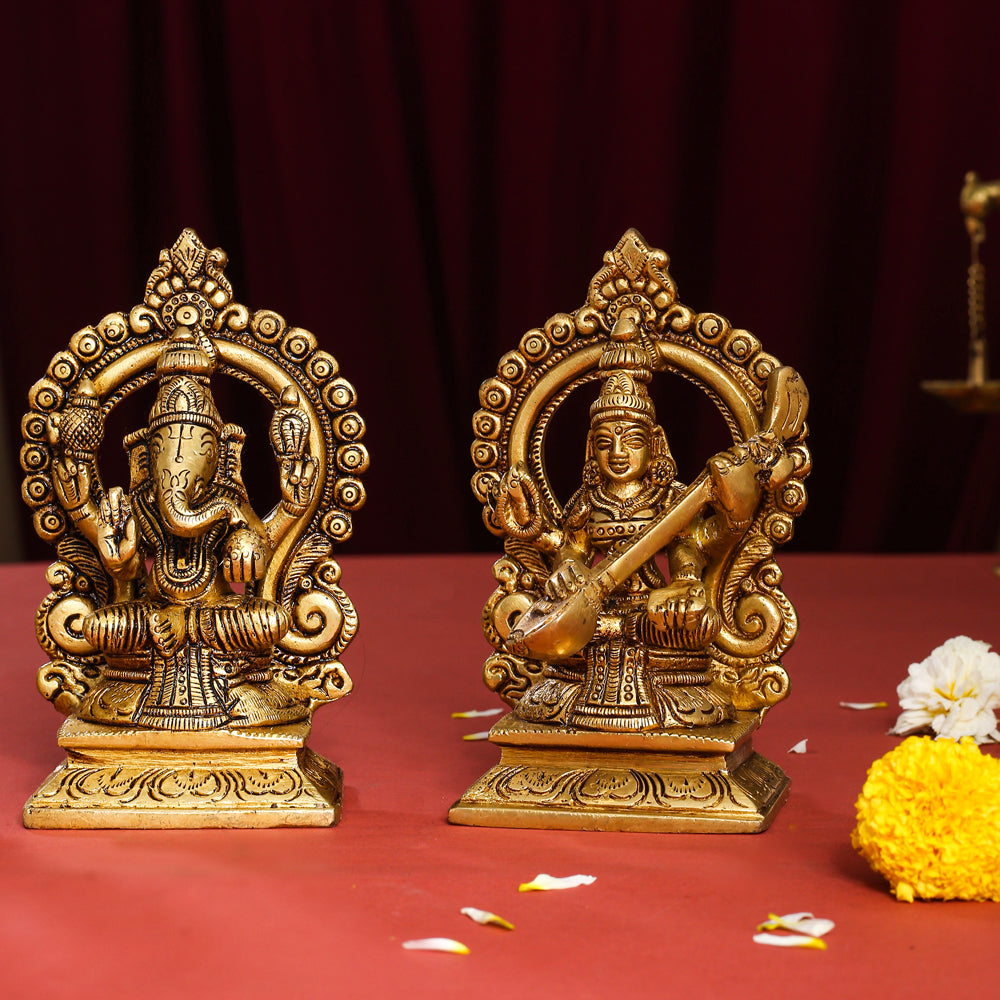 Brass Superfine Sitting Lakshmi, Ganesha, And Saraswati On Throne Set (5.8 Inch) Vedansh Craft