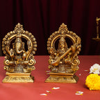 Brass Superfine Sitting Lakshmi, Ganesha, And Saraswati On Throne Set (5.8 Inch) Vedansh Craft