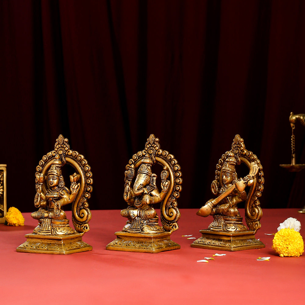 Brass Superfine Sitting Lakshmi, Ganesha, And Saraswati On Throne Set (5.8 Inch) Vedansh Craft