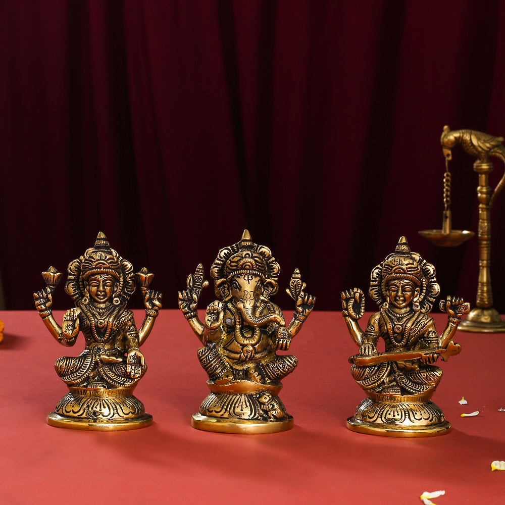 Brass Sitting Ganesha, Lakshmi And Saraswati Idol (4.5 Inch) Vedansh Craft