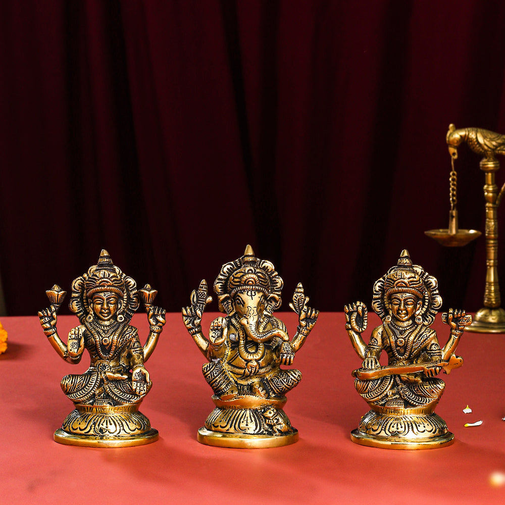 Brass Sitting Ganesha, Lakshmi And Saraswati Idol (4.5 Inch) Vedansh Craft