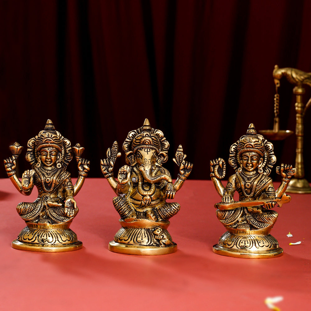 Brass Sitting Ganesha, Lakshmi And Saraswati Idol (4.5 Inch) Vedansh Craft