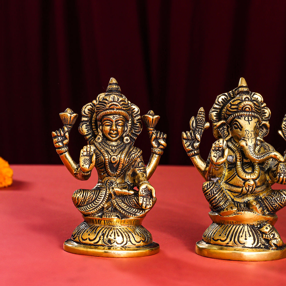 Brass Sitting Ganesha, Lakshmi And Saraswati Idol (4.5 Inch) Vedansh Craft