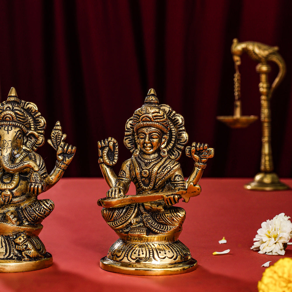 Brass Sitting Ganesha, Lakshmi And Saraswati Idol (4.5 Inch) Vedansh Craft