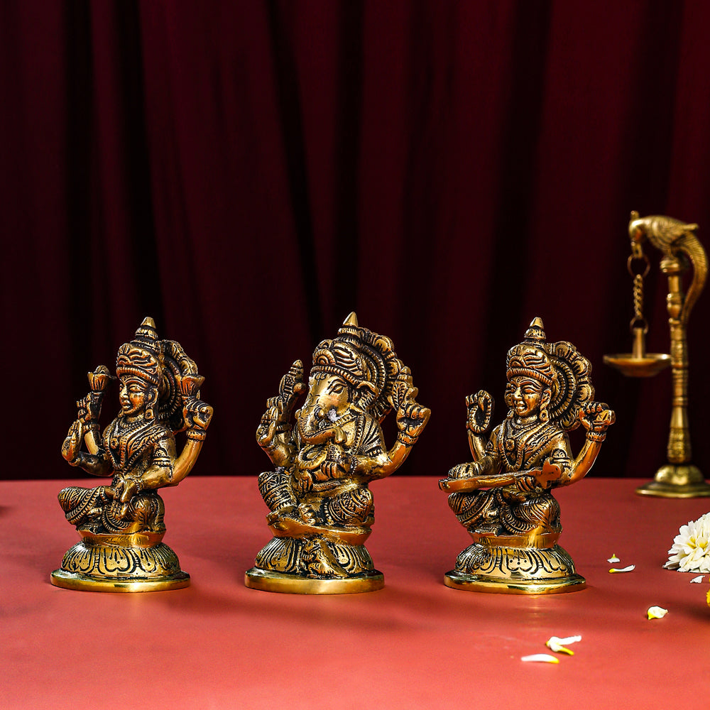 Brass Sitting Ganesha, Lakshmi And Saraswati Idol (4.5 Inch) Vedansh Craft