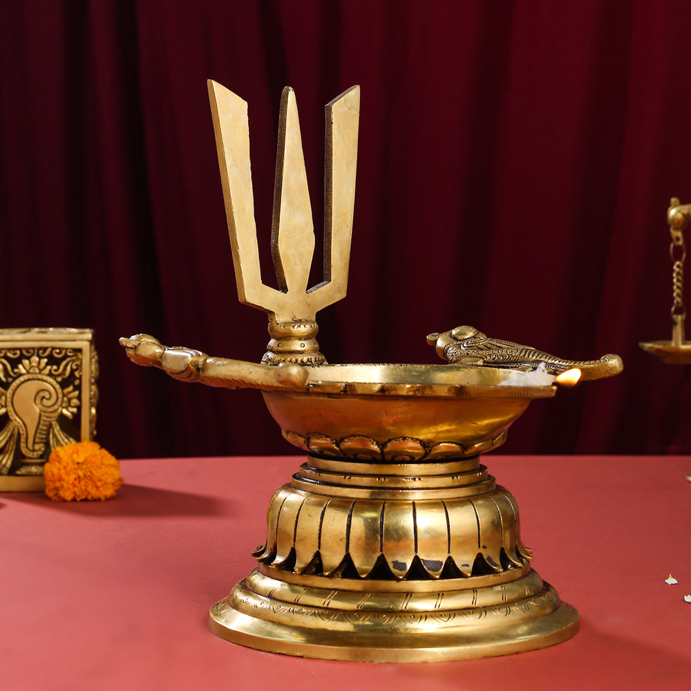 Brass Superfine Shankh Chakra And Namah Diya Set (9.5 Inch) Vedansh Craft