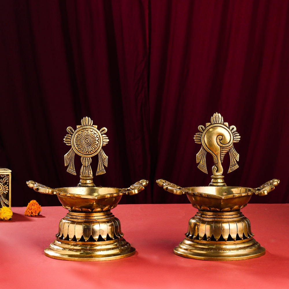 Brass Superfine Shankh Chakra And Namah Diya Set (9.5 Inch) Vedansh Craft