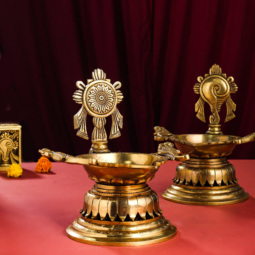 Brass Superfine Shankh Chakra And Namah Diya Set (9.5 Inch) Vedansh Craft