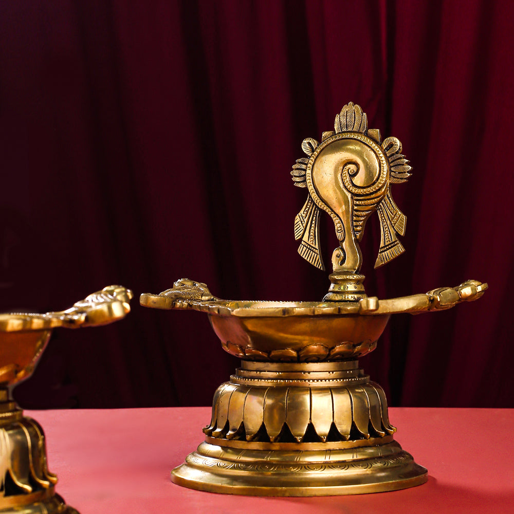 Brass Superfine Shankh Chakra And Namah Diya Set (9.5 Inch) Vedansh Craft
