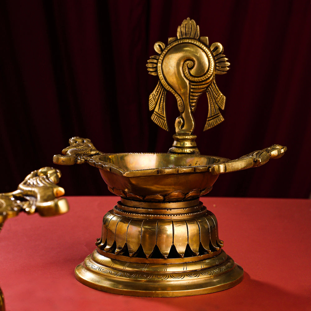 Brass Superfine Shankh Chakra And Namah Diya Set (9.5 Inch) Vedansh Craft