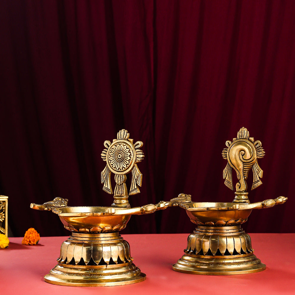 Brass Superfine Shankh Chakra And Namah Diya Set (9.5 Inch) Vedansh Craft