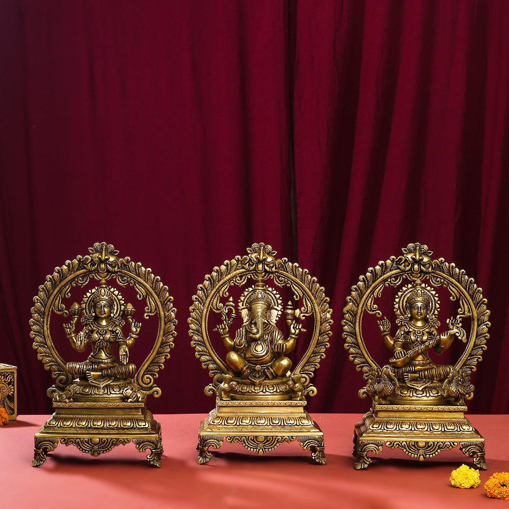 Brass Superfine Sitting Lakshmi, Ganesha And Saraswati On Throne Idol Set (14 Inch) Vedansh Craft