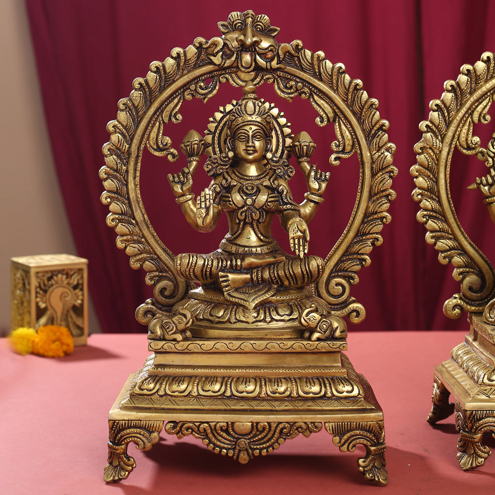 Brass Superfine Sitting Lakshmi, Ganesha And Saraswati On Throne Idol Set (14 Inch) Vedansh Craft