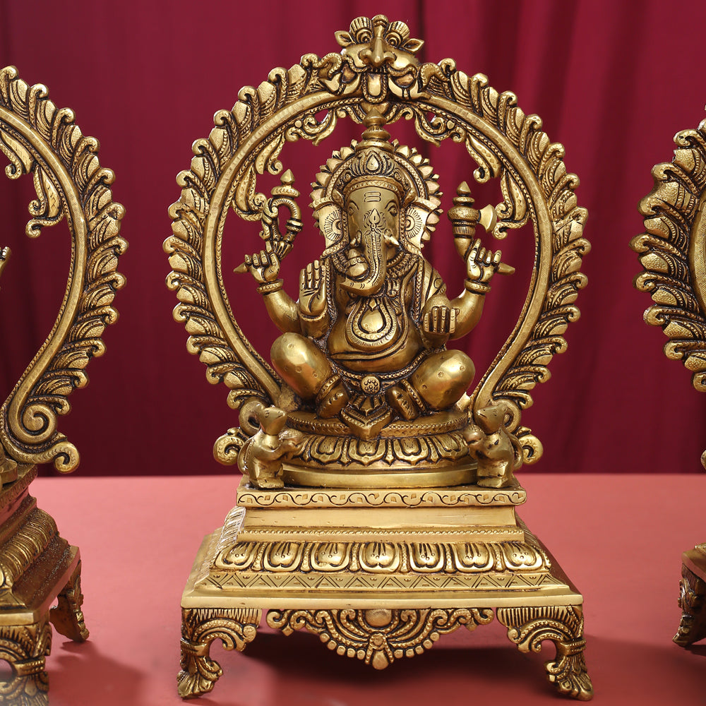 Brass Superfine Sitting Lakshmi, Ganesha And Saraswati On Throne Idol Set (14 Inch) Vedansh Craft