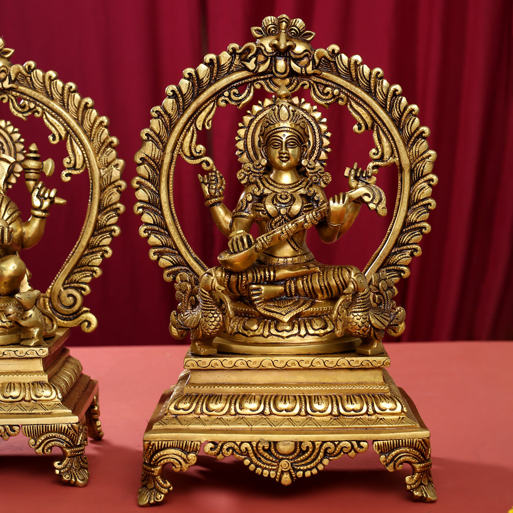 Brass Superfine Sitting Lakshmi, Ganesha And Saraswati On Throne Idol Set (14 Inch) Vedansh Craft