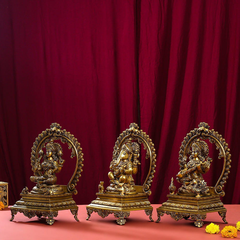 Brass Superfine Sitting Lakshmi, Ganesha And Saraswati On Throne Idol Set (14 Inch) Vedansh Craft