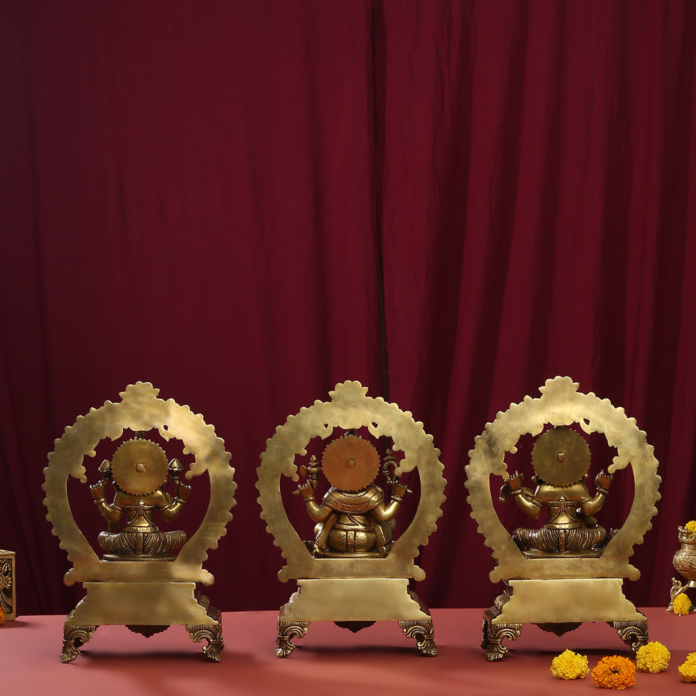 Brass Superfine Sitting Lakshmi, Ganesha And Saraswati On Throne Idol Set (14 Inch) Vedansh Craft