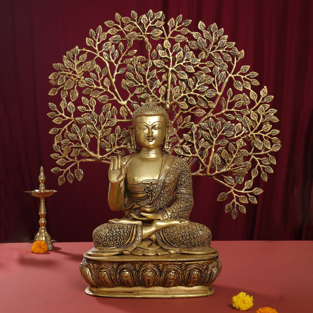 Brass Home Decor Buddha Statue With Tree (26 Inch) Vedansh Craft